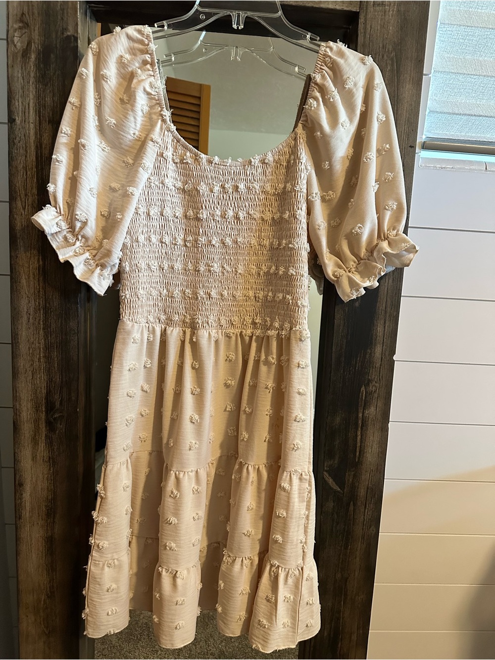 Prettygarden Womenโs M Cream Swiss Dot Midi Dress Smocked Puff Sleeve Boho